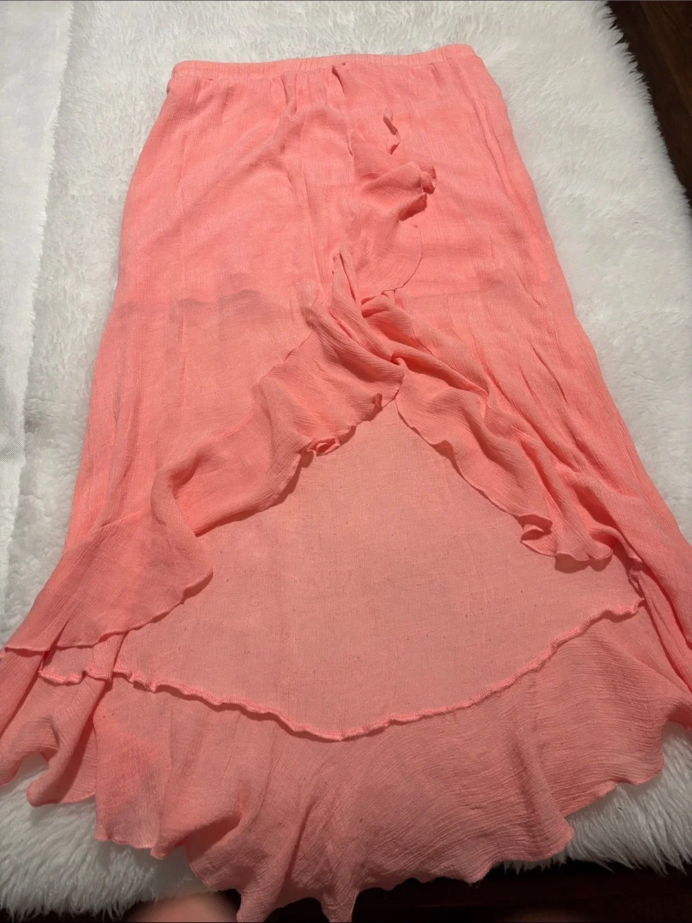 just be Coral Peach High-Low Ruffle Skirt